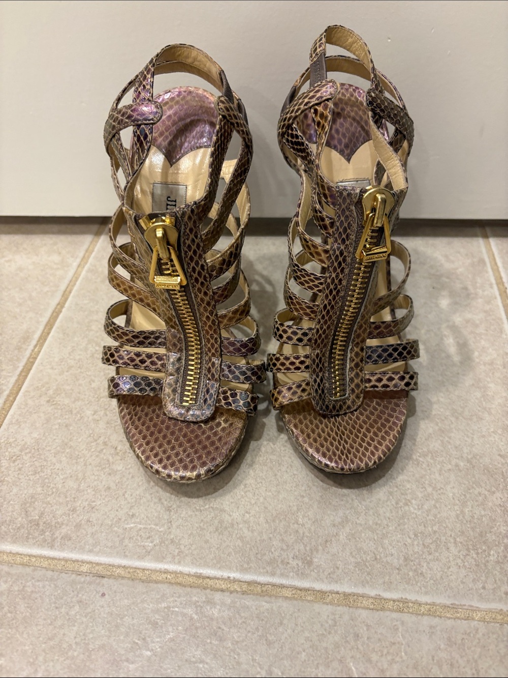 Jimmy Choo Snake-Embossed Strappy Heels with Front Zip - Size 36 1/2